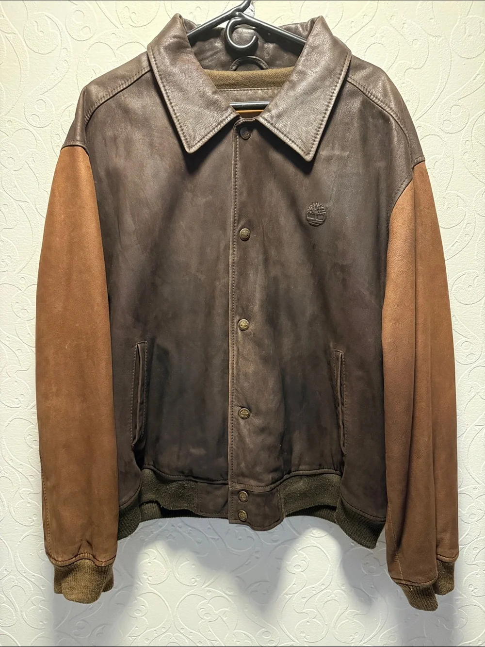Vintage Timberland Two-Tone Brown Leather Bomber Jacket